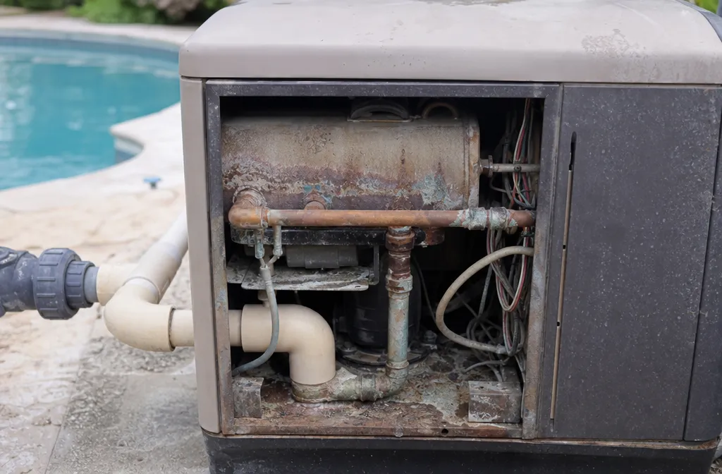 A weather-marked pool heater with its side panel off, corrosion visible around the internal pipework