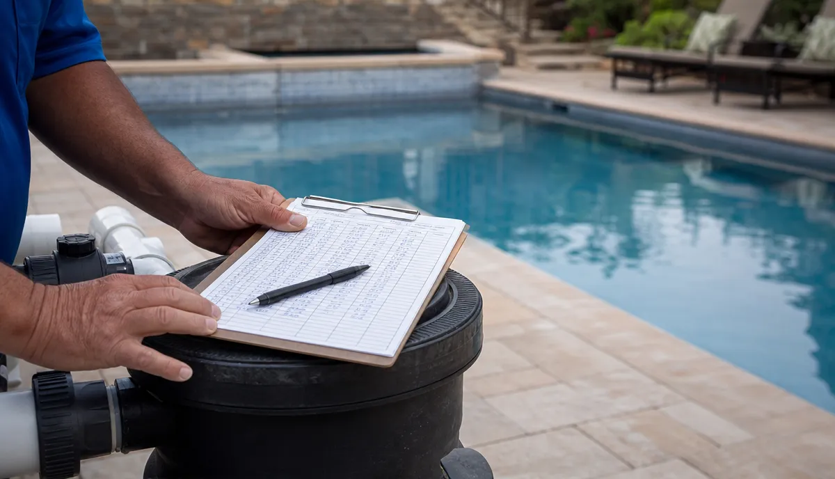A completed pool service sheet on the equipment pad