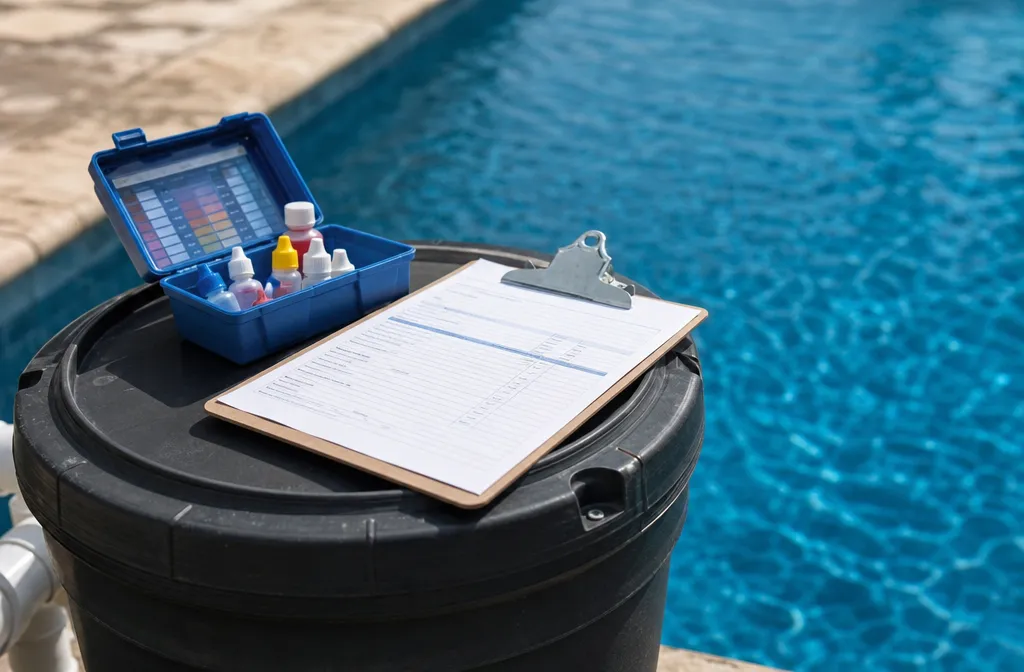A completed pool service sheet on a clipboard resting on a filter lid with a drop-test kit open beside it