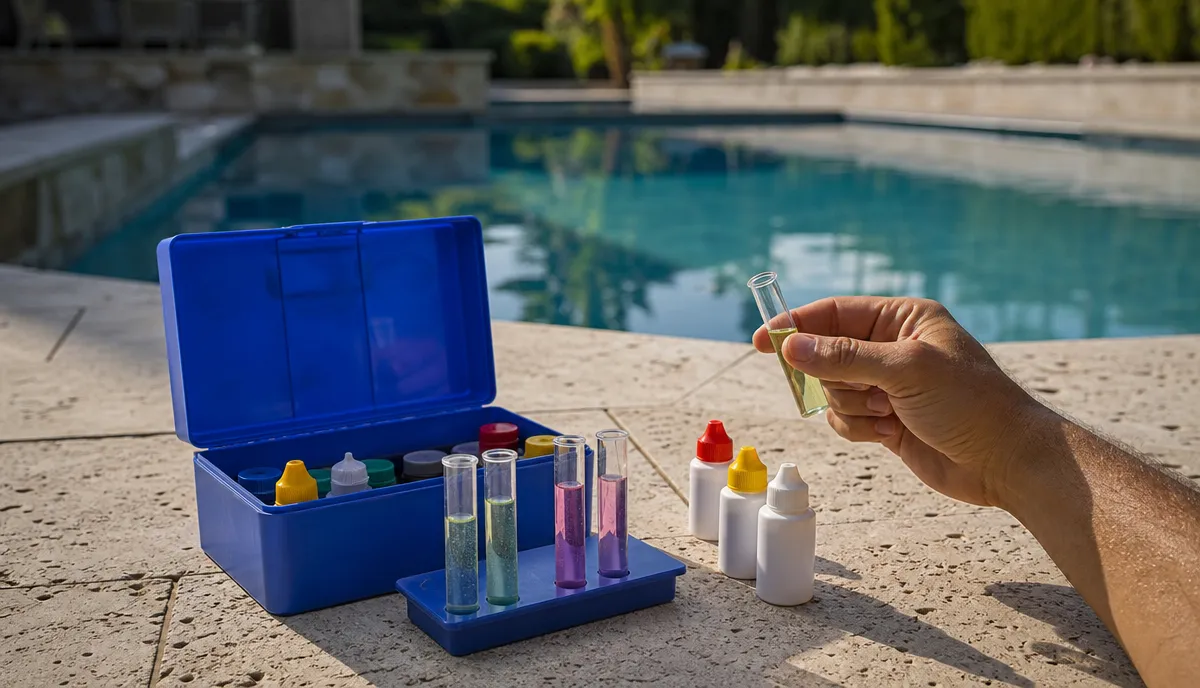 A full titration test kit laid out at the poolside