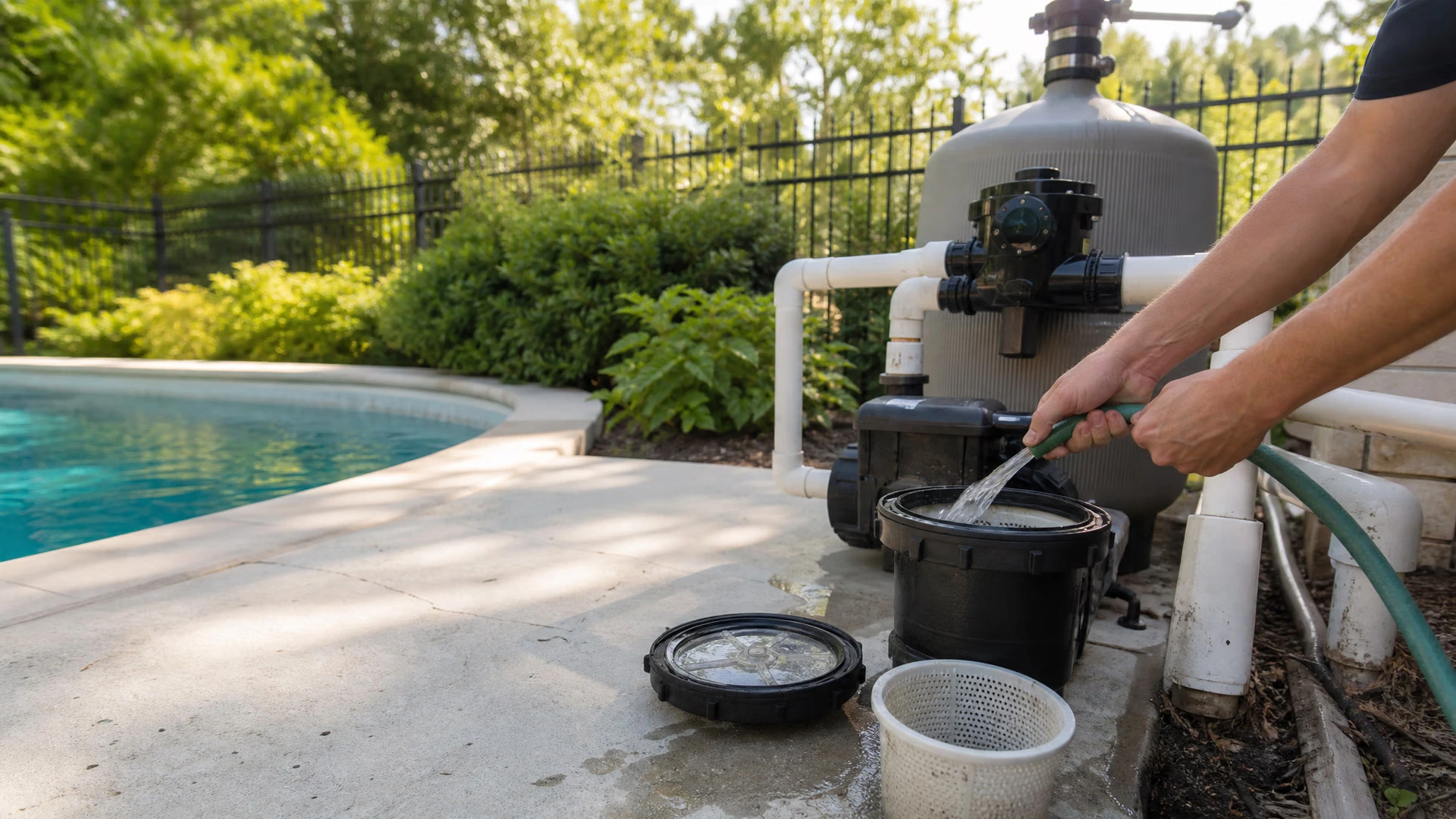 A pool equipment pad mid-opening with the strainer pot being filled by hand, lid and basket on the concrete