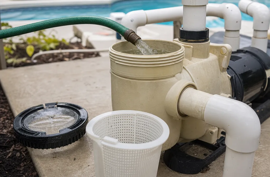 A pool equipment pad mid-opening with the strainer pot being filled by hand, lid and basket on the concrete