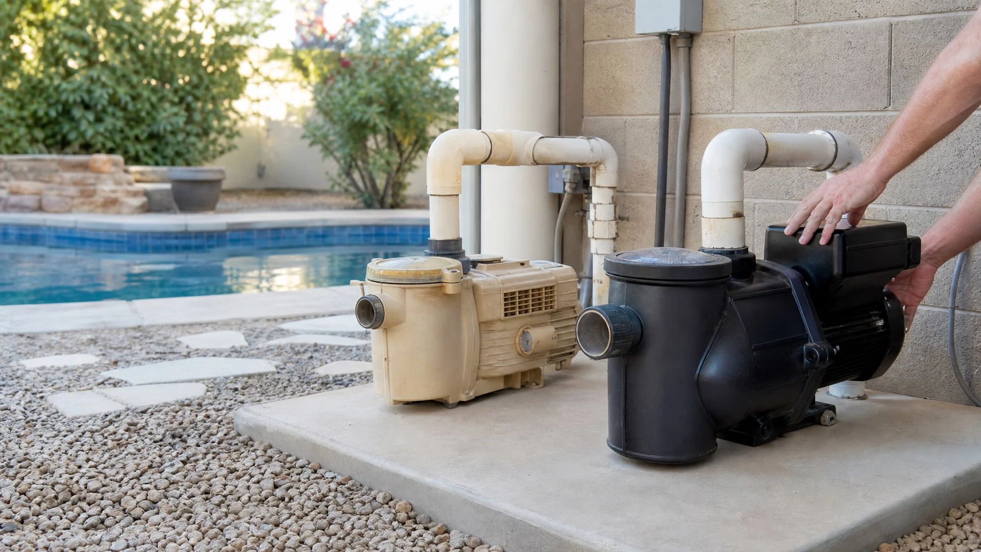 A variable-speed pool pump on a pad beside an older single-speed pump, the two side by side for comparison