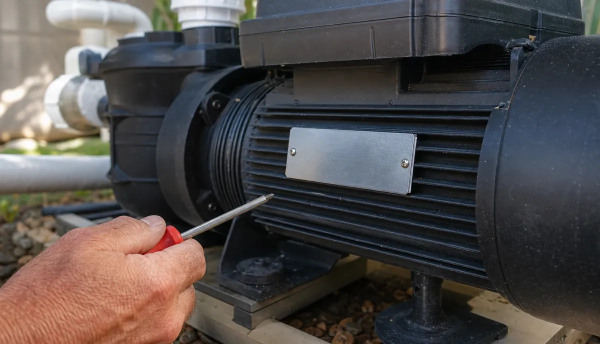 The data plate on a pool pump motor