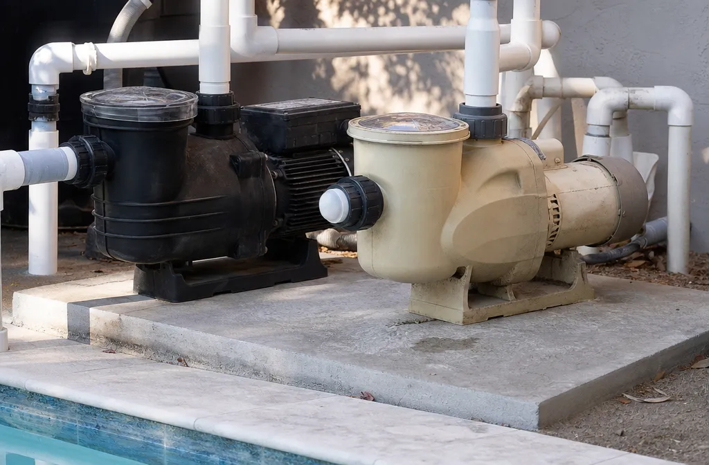 A variable-speed pool pump on a pad beside an older single-speed pump, the two side by side for comparison