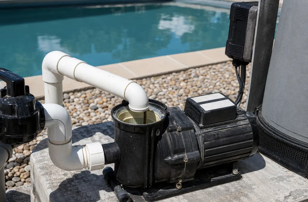 A pool equipment pad in hard midsummer sun with the pump switched off and the strainer lid off, the pool water flat behind