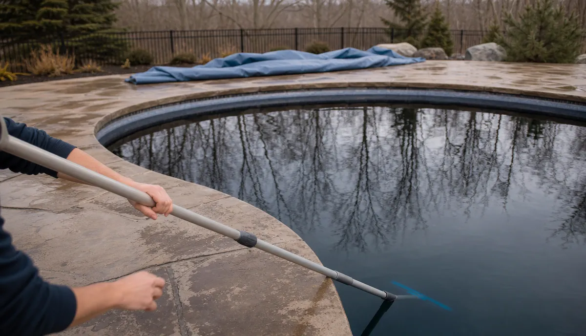 A pool with its cover just removed in spring