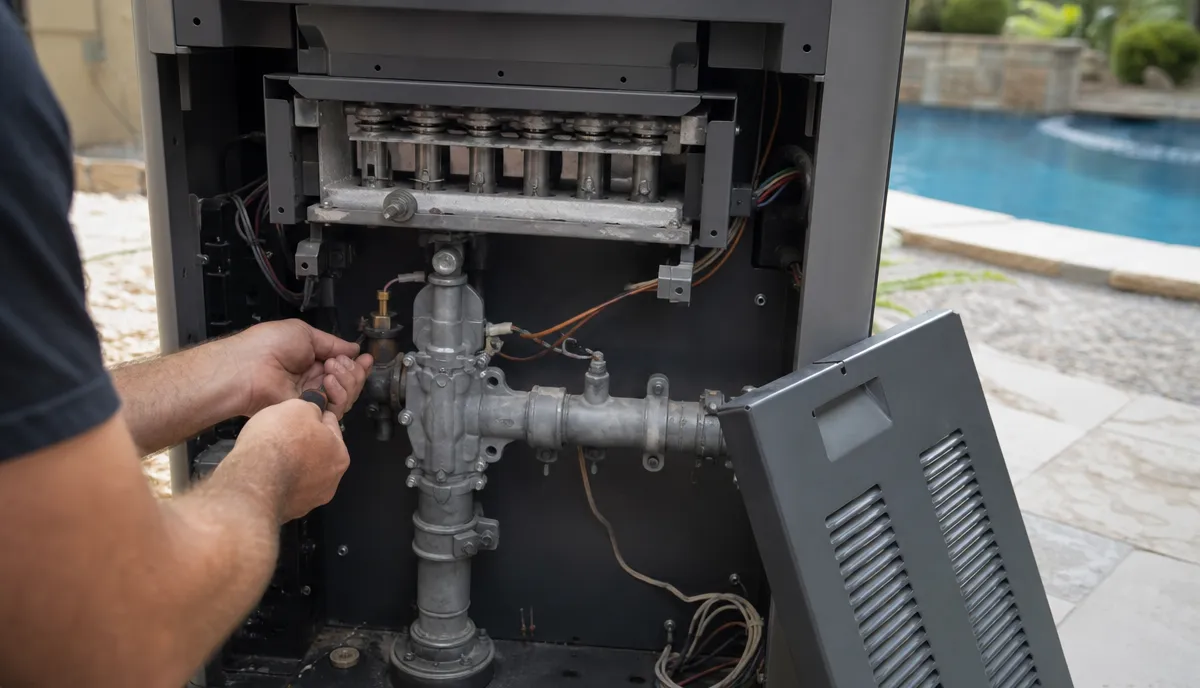 The gas valve train inside a pool heater