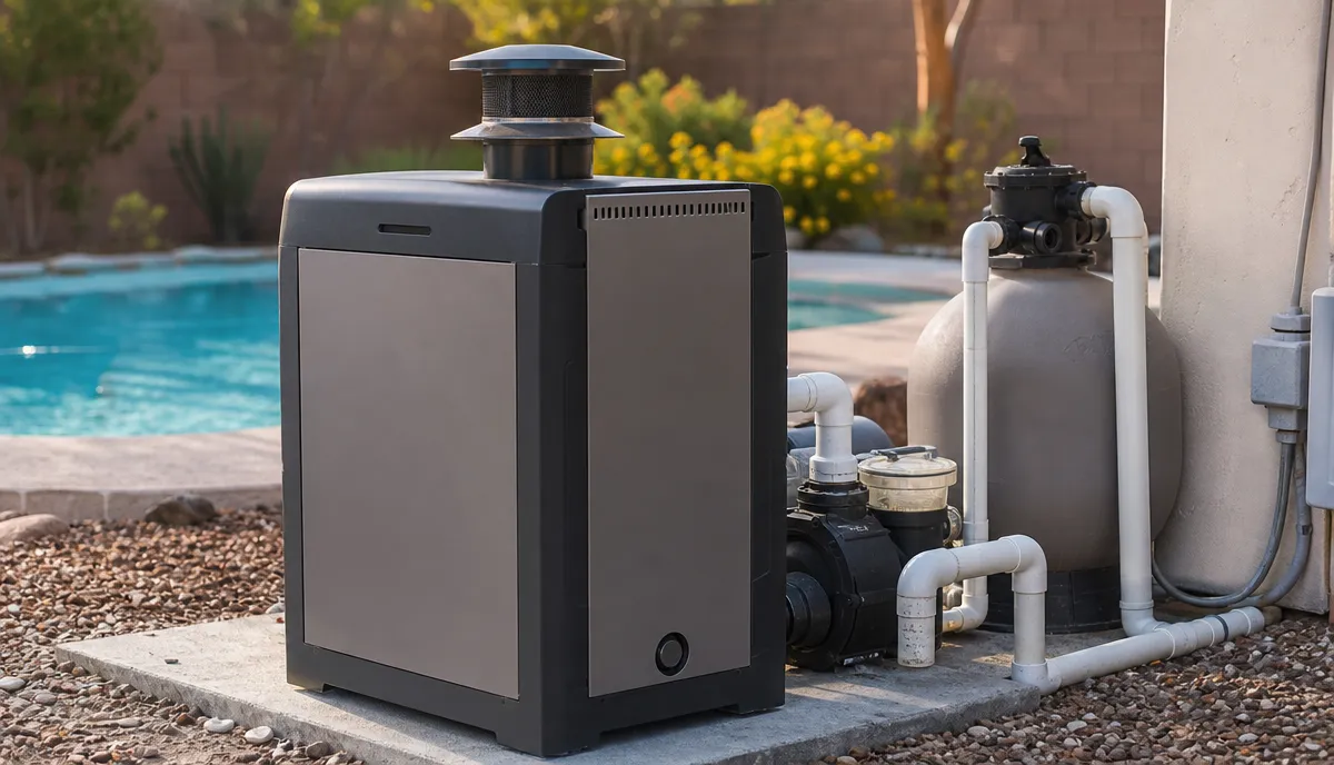 A gas pool heater installed on an equipment pad