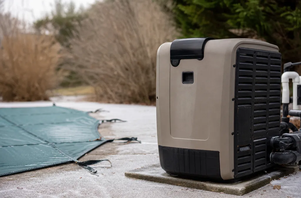 A pool heater standing on its pad in winter beside a covered pool, frost on the concrete