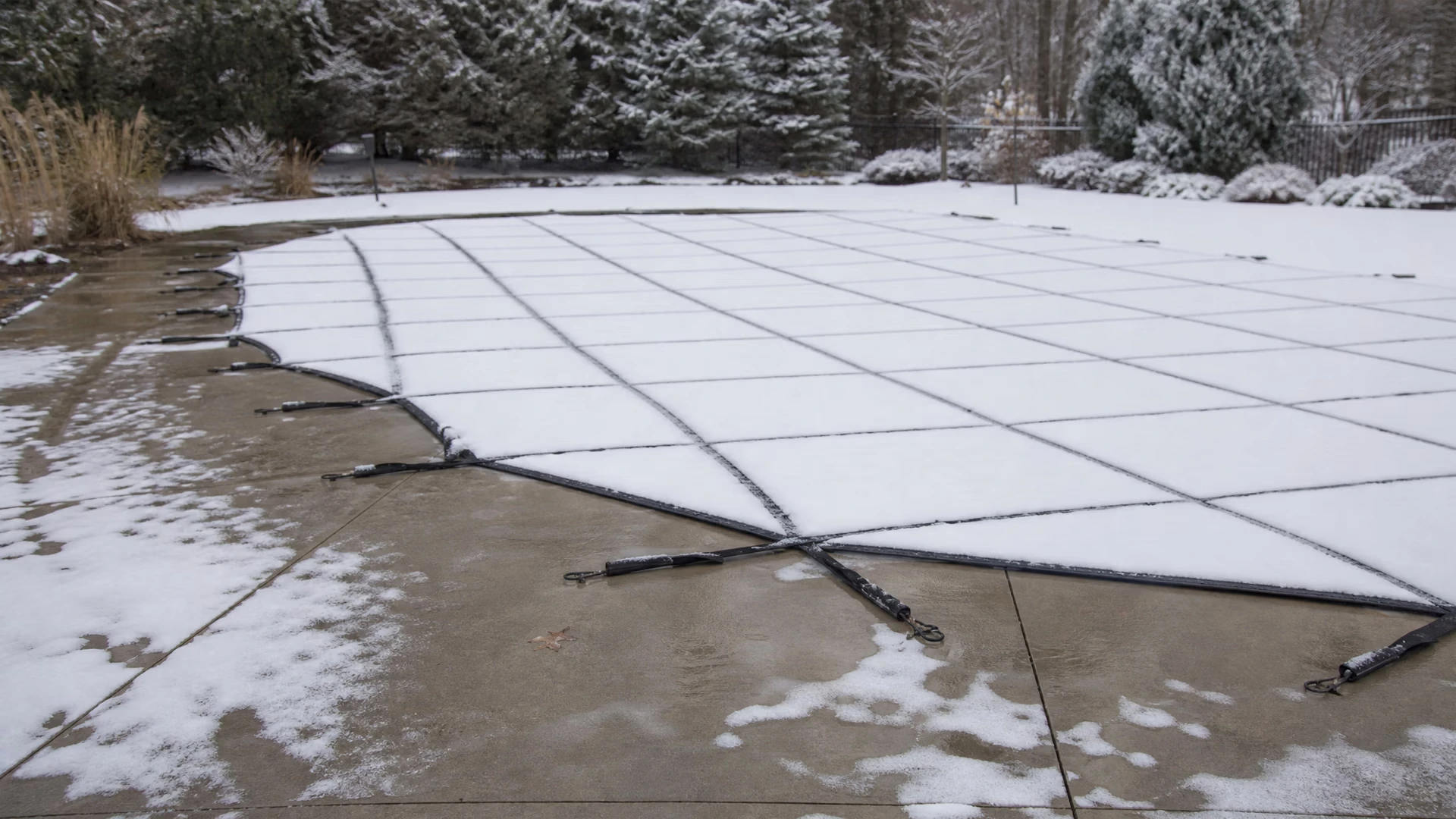 An in-ground pool under a safety cover in mid-winter with settled snow on it and the strap lines showing through, nobody in frame