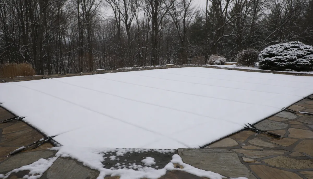 Snow lying on a fitted pool safety cover
