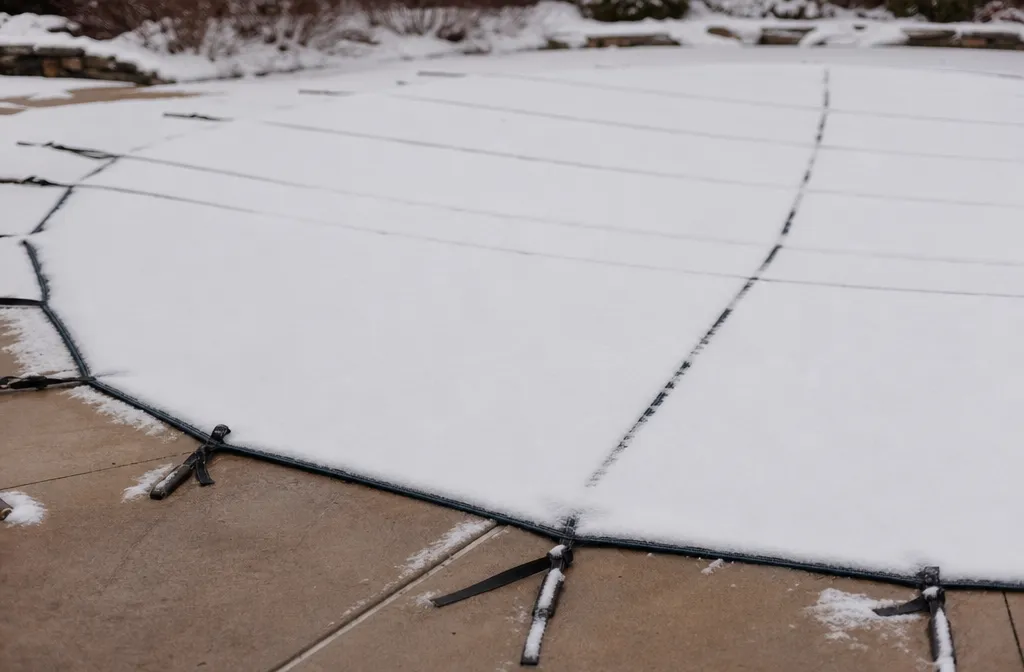 An in-ground pool under a safety cover in mid-winter with settled snow on it and the strap lines showing through, nobody in frame