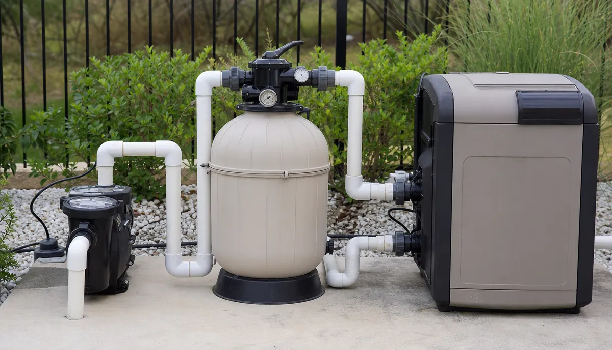 A pool equipment pad with pump, filter and heater