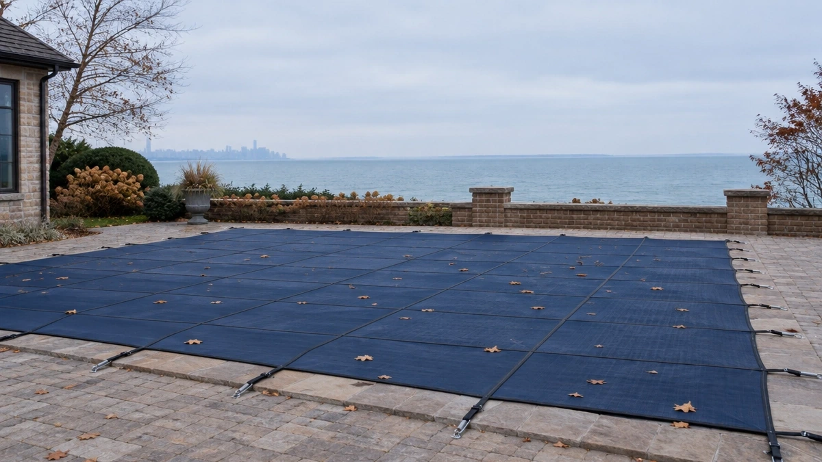 A safety cover anchored and tensioned around a pool perimeter