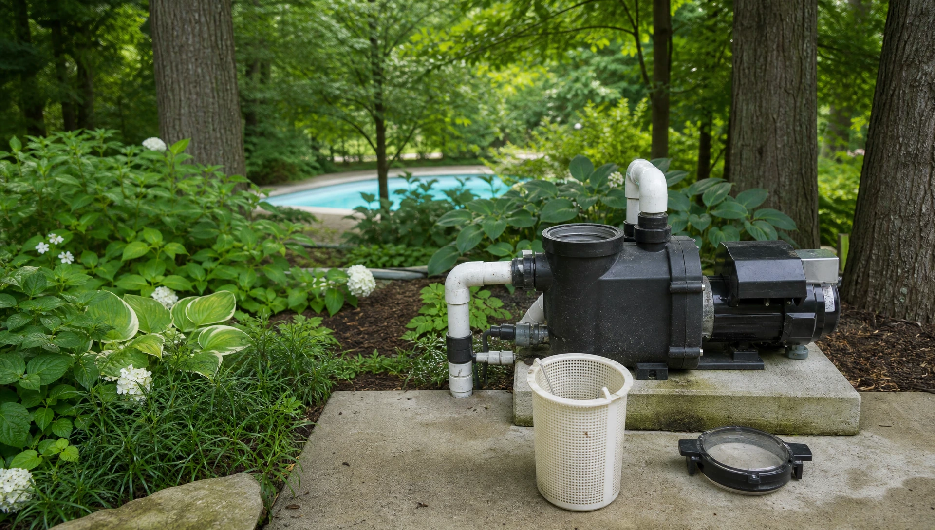 A pool pump with its strainer lid off and the basket lifted out
