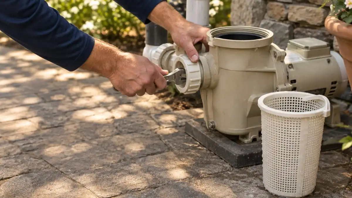 The wet end of a pool pump with the strainer pot lid removed