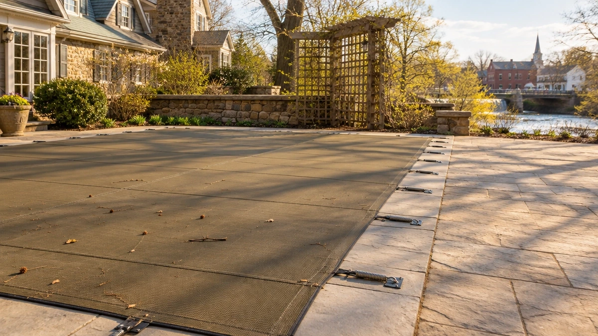 A safety cover anchored and tensioned around a pool perimeter