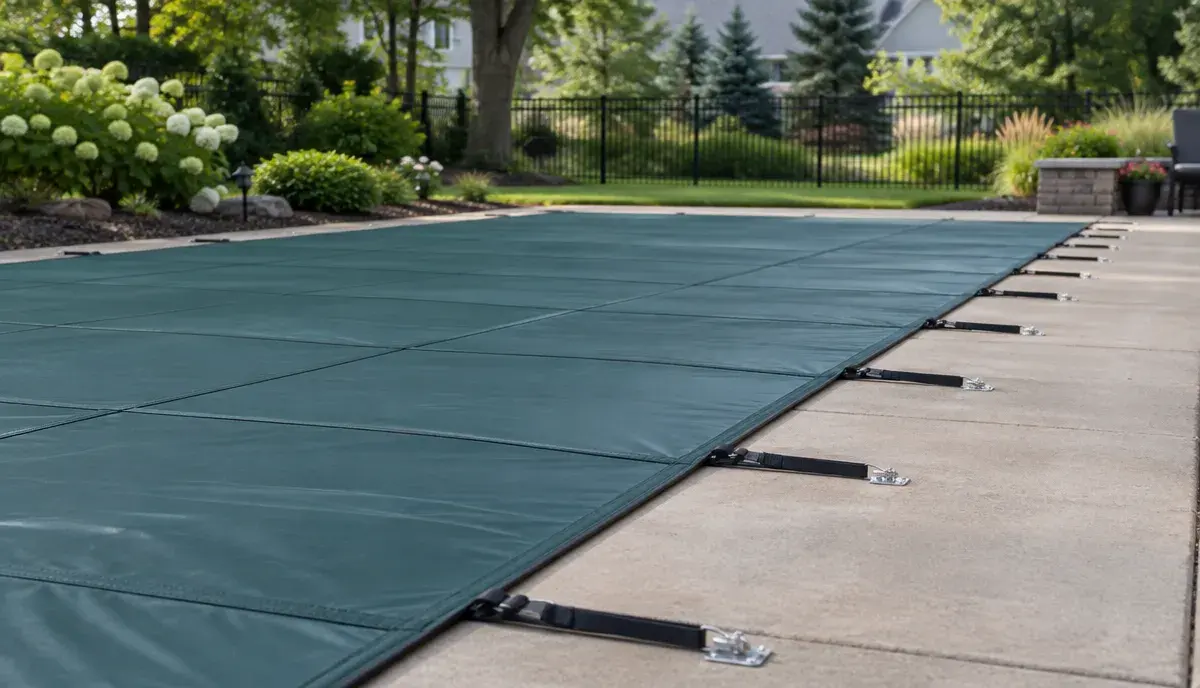 A safety cover anchored and tensioned around a pool perimeter