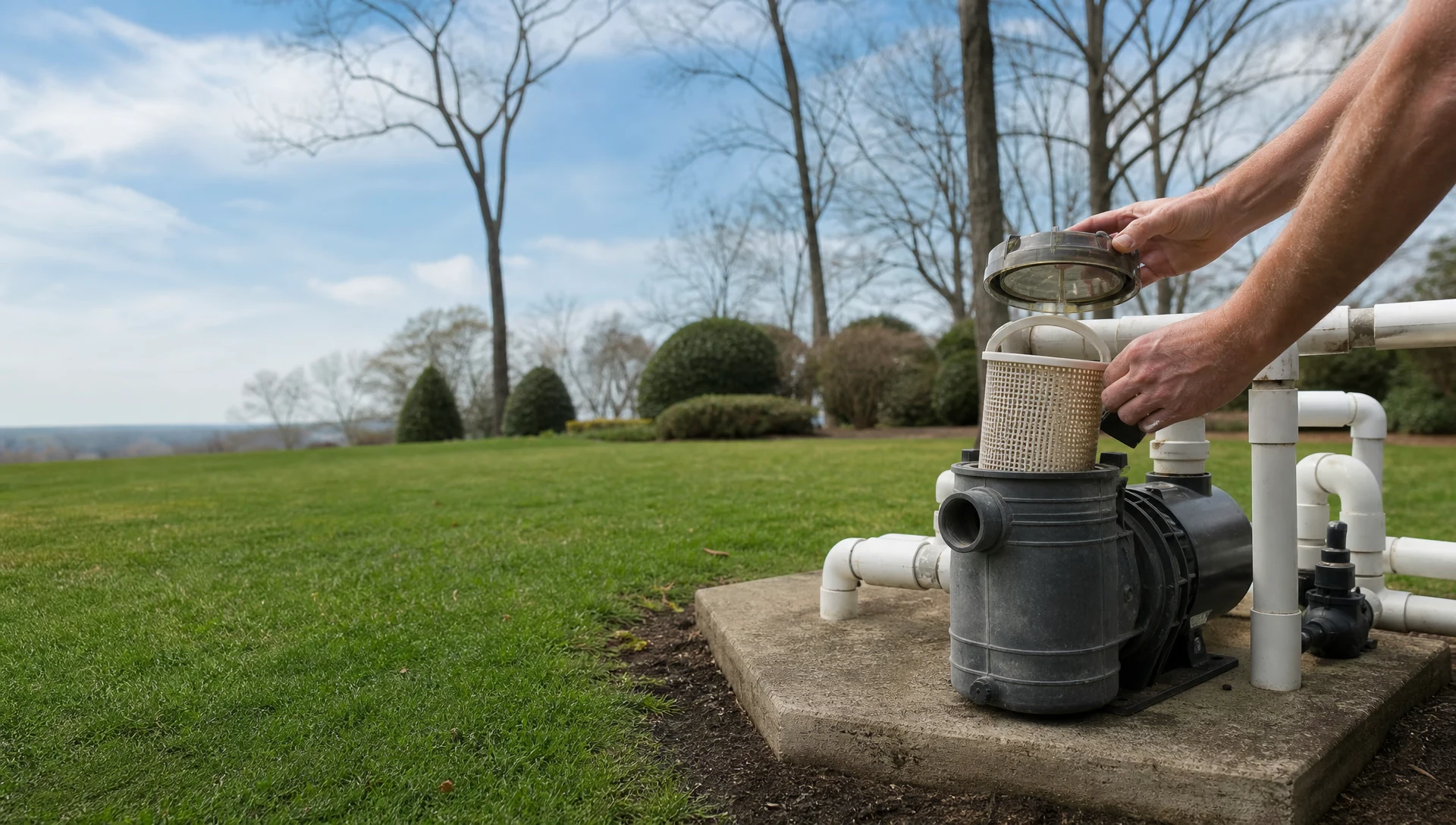 A pool pump with its strainer lid off and the basket lifted out
