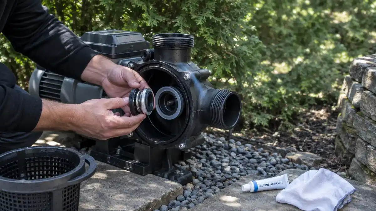 The wet end of a pool pump with the strainer pot lid removed