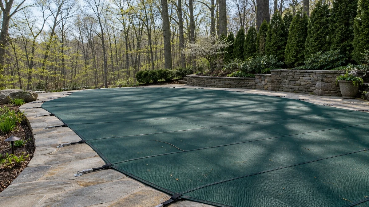 A safety cover anchored and tensioned around a pool perimeter