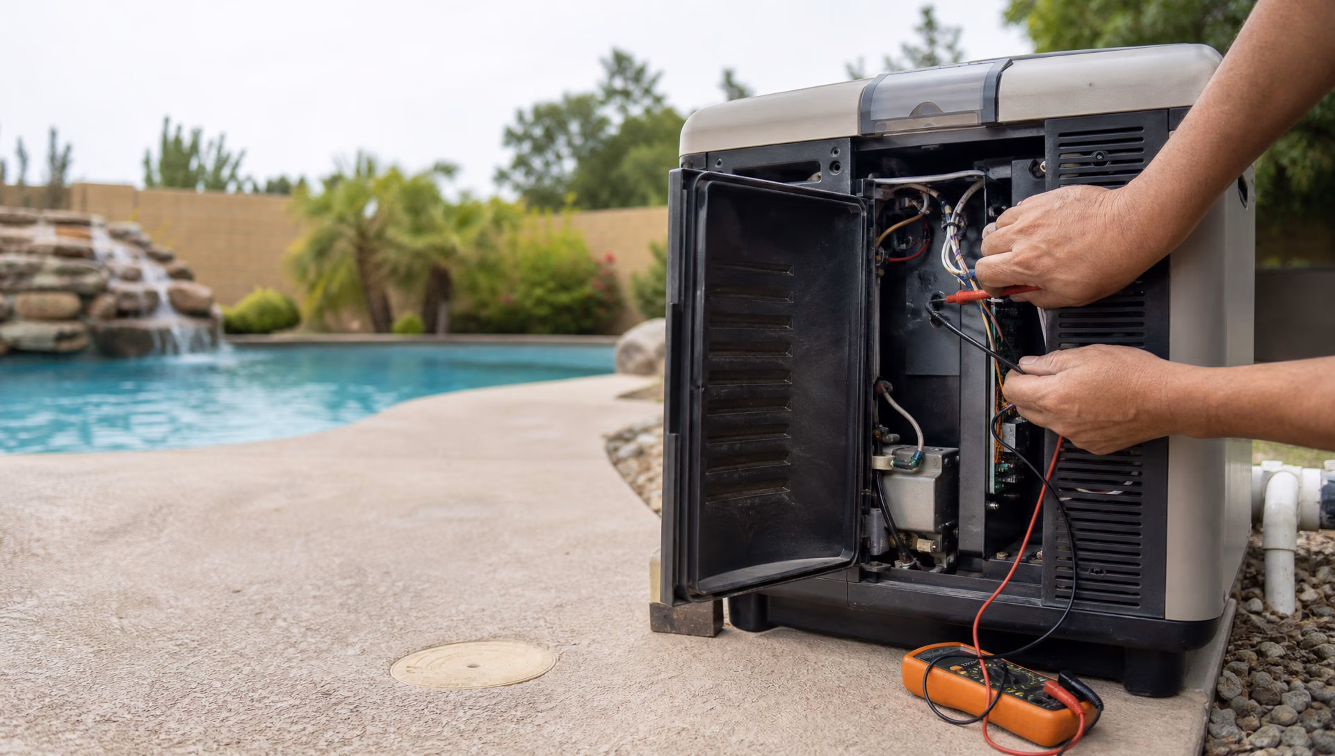 A pool heater with its control door open for testing