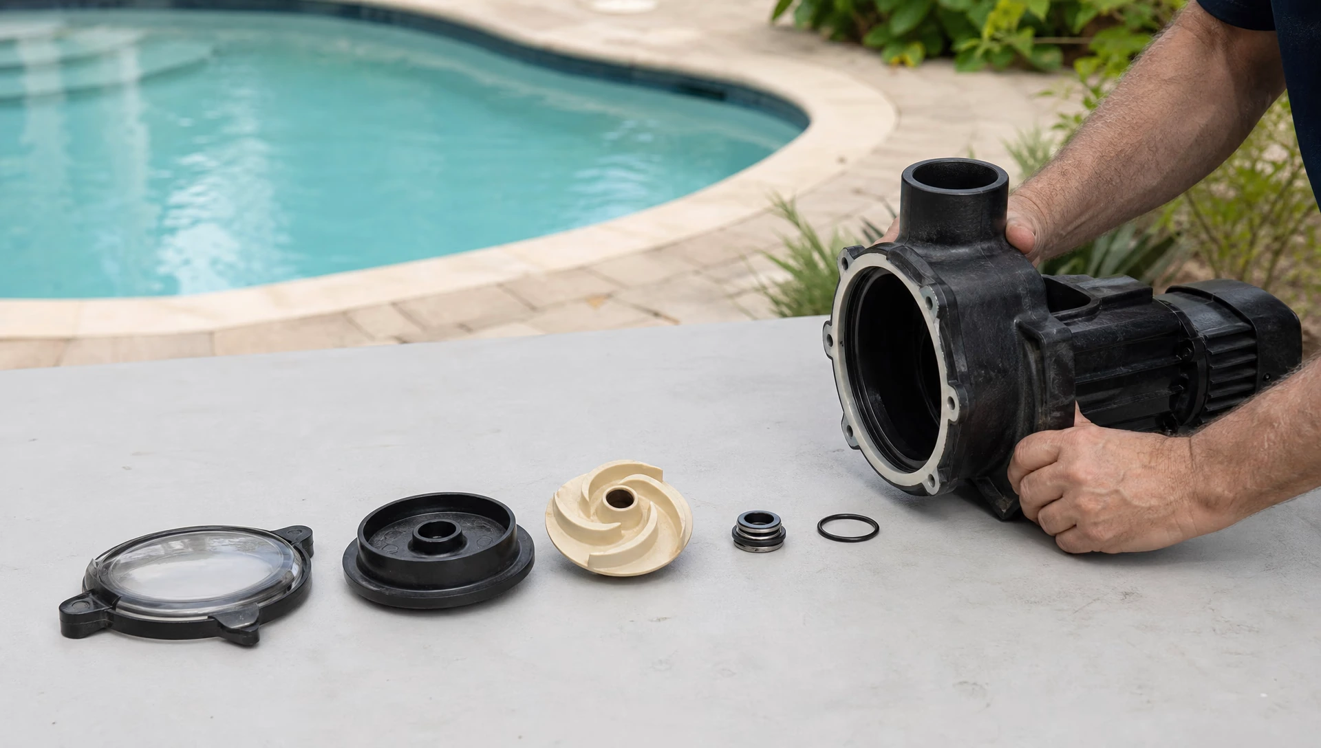 A pool pump wet end dismantled on a workbench