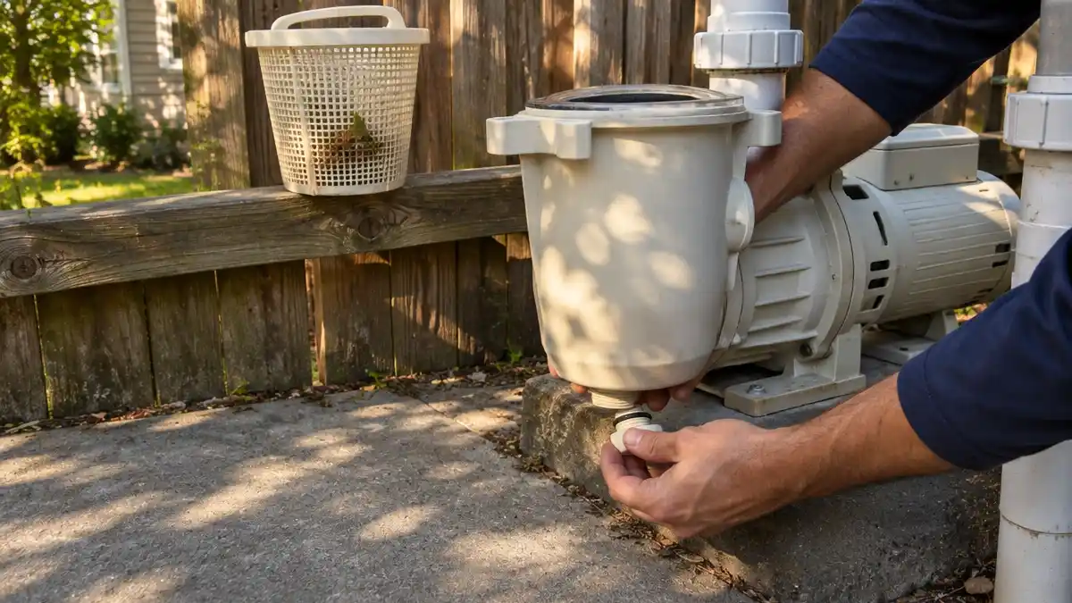 The wet end of a pool pump with the strainer pot lid removed