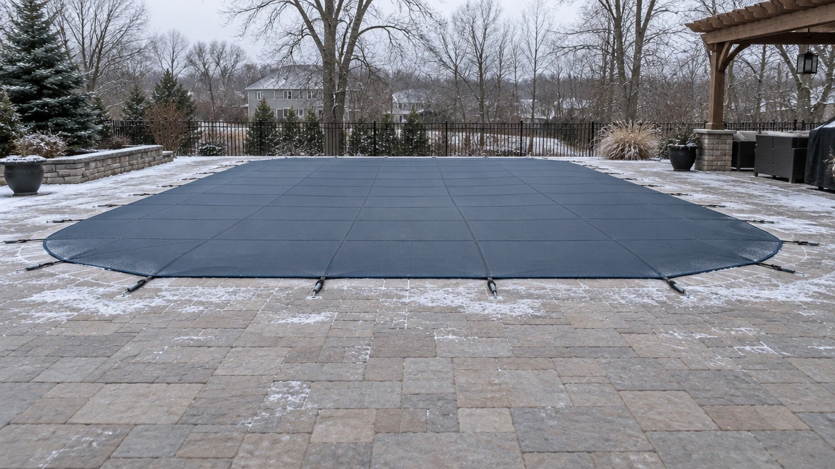 A safety cover anchored and tensioned around a pool perimeter