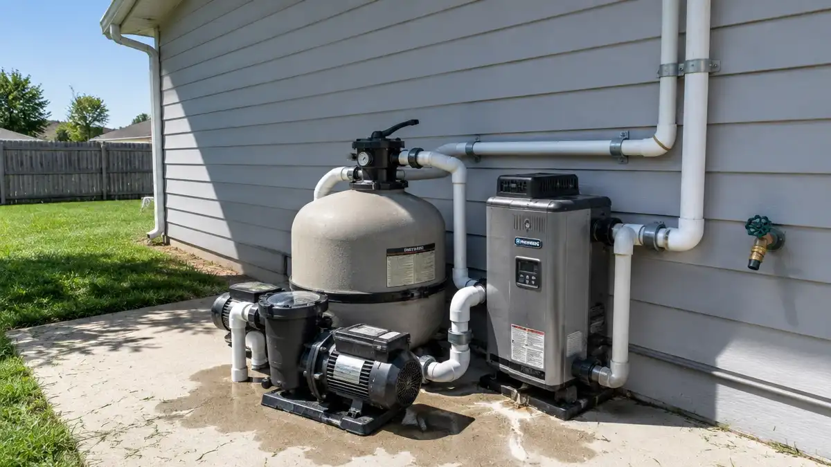 A pool equipment pad with pump, filter and heater