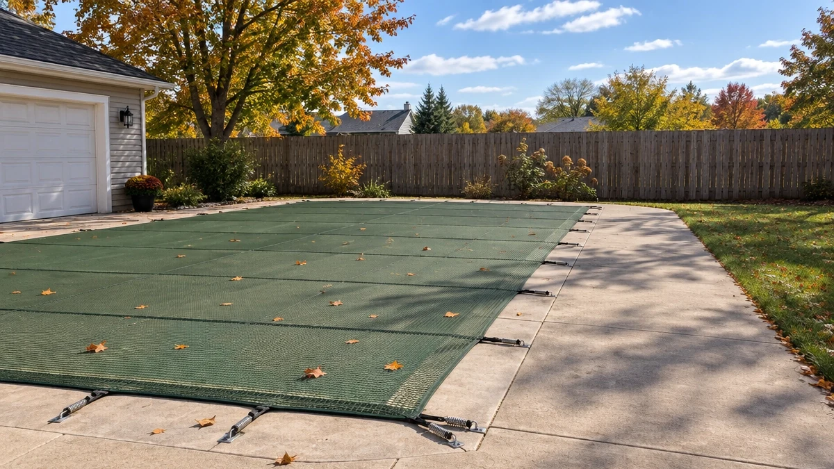 A safety cover anchored and tensioned around a pool perimeter