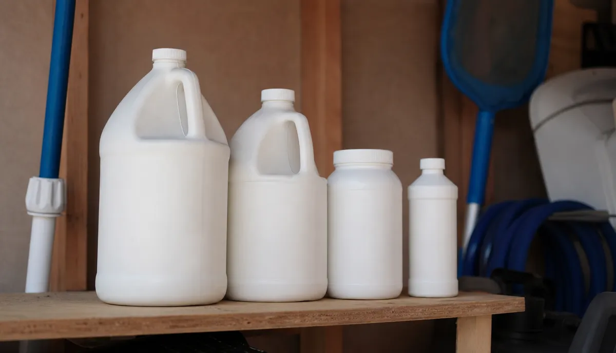 Pool chemical containers with labels turned away