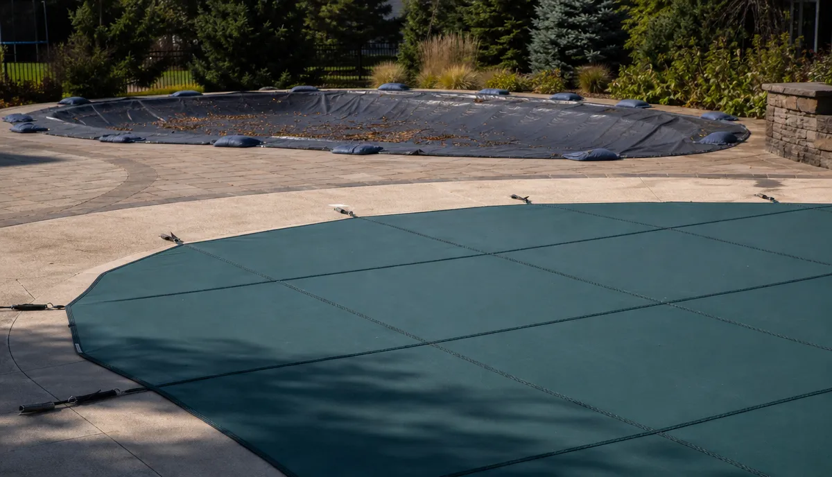 An anchored safety cover and a laid-on winter cover compared