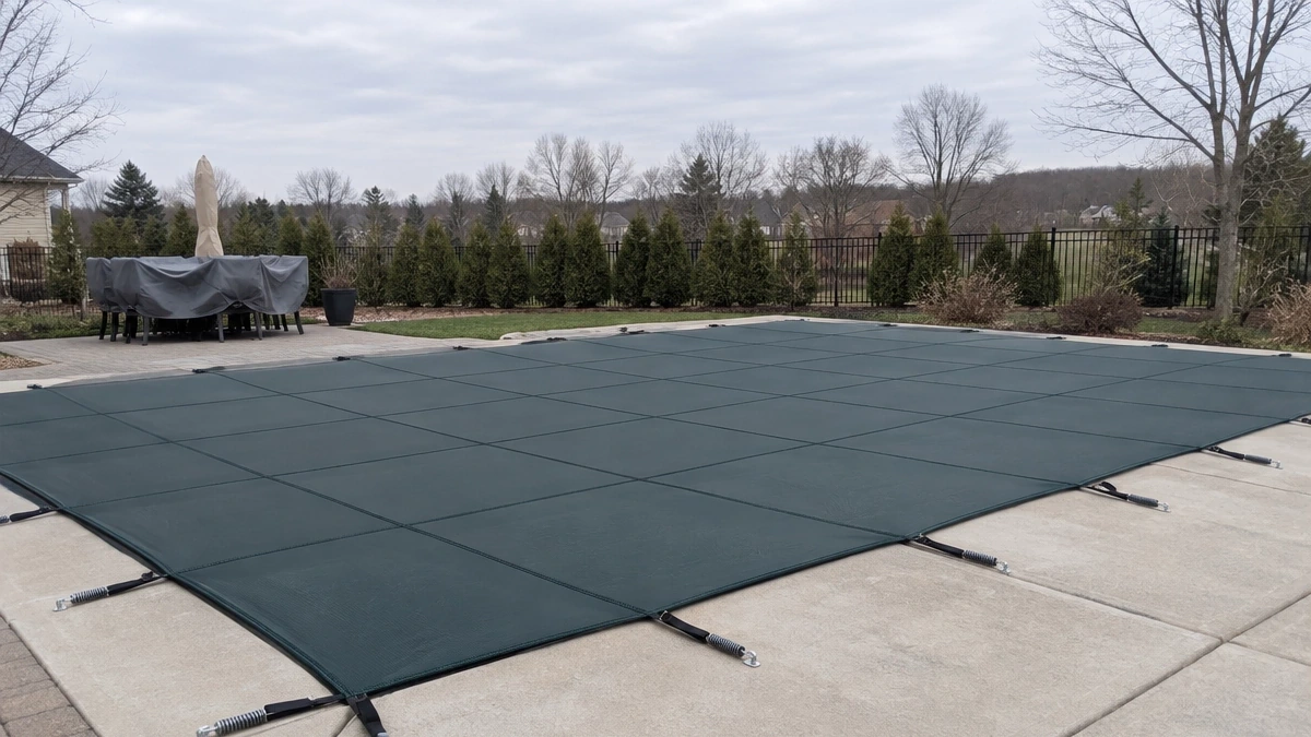A green safety cover fitted across a pool through the winter