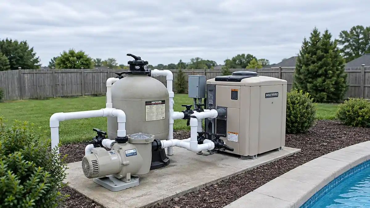 A pool equipment pad with pump, filter and heater