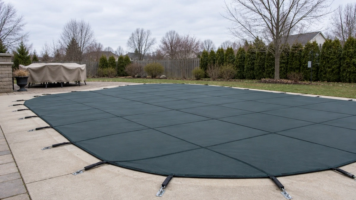 A safety cover anchored and tensioned around a pool perimeter