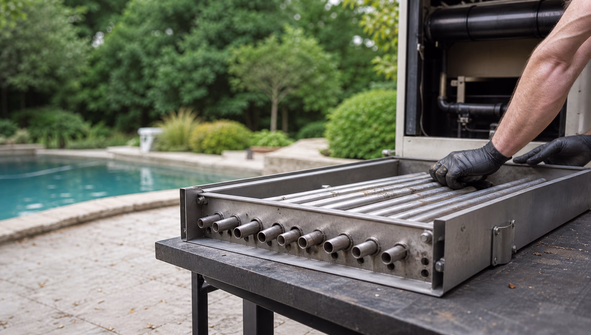 A pool heater burner tray withdrawn onto a bench