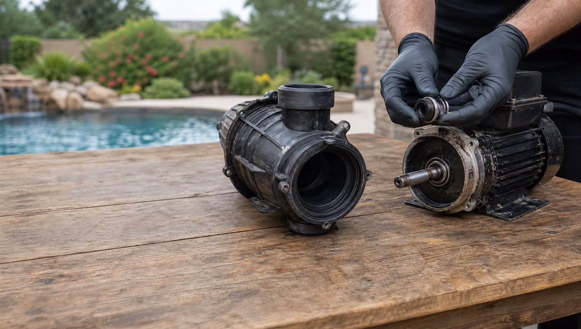 A pool pump motor and wet end separated on a bench