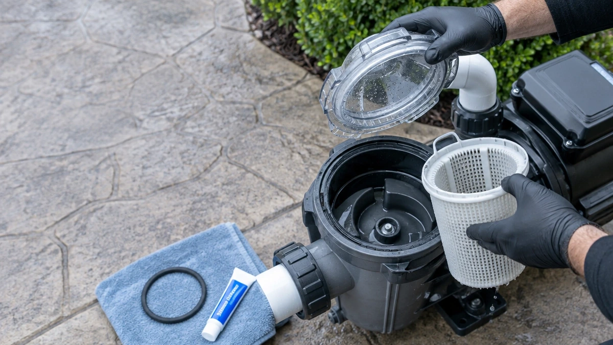The wet end of a pool pump with the strainer pot lid removed