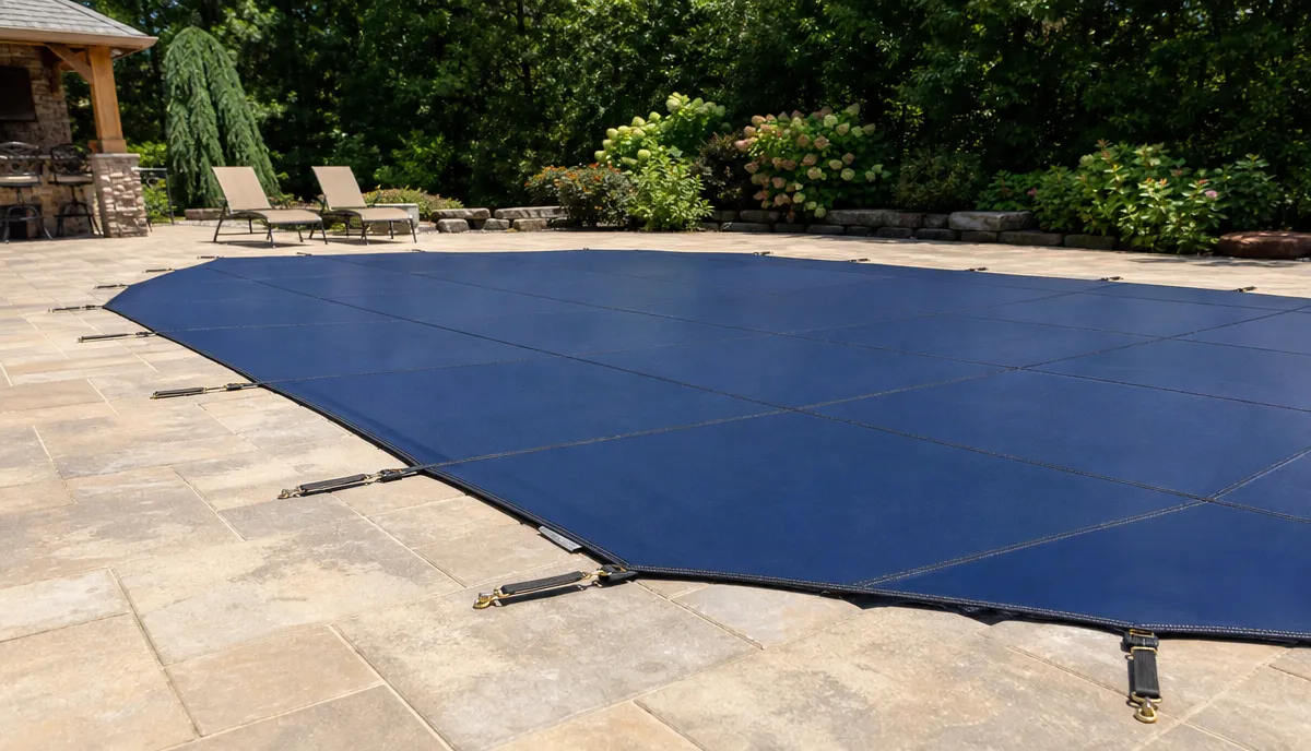 A safety cover anchored and tensioned around a pool perimeter