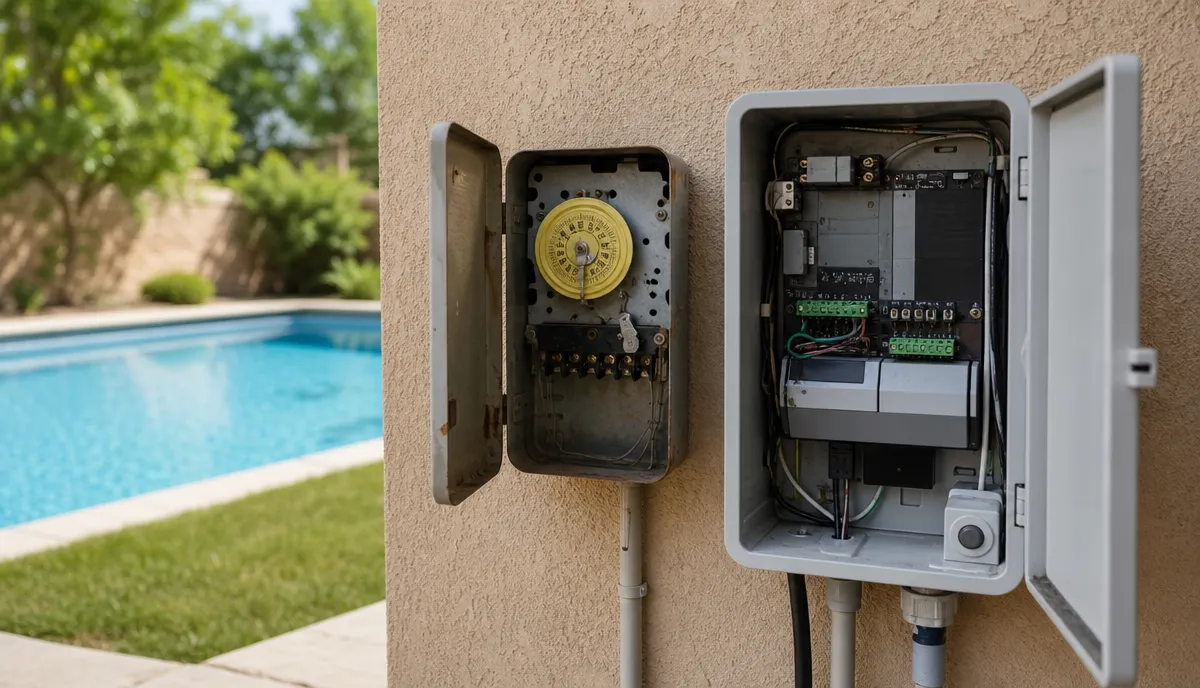 A mechanical time clock and a modern pool controller side by side