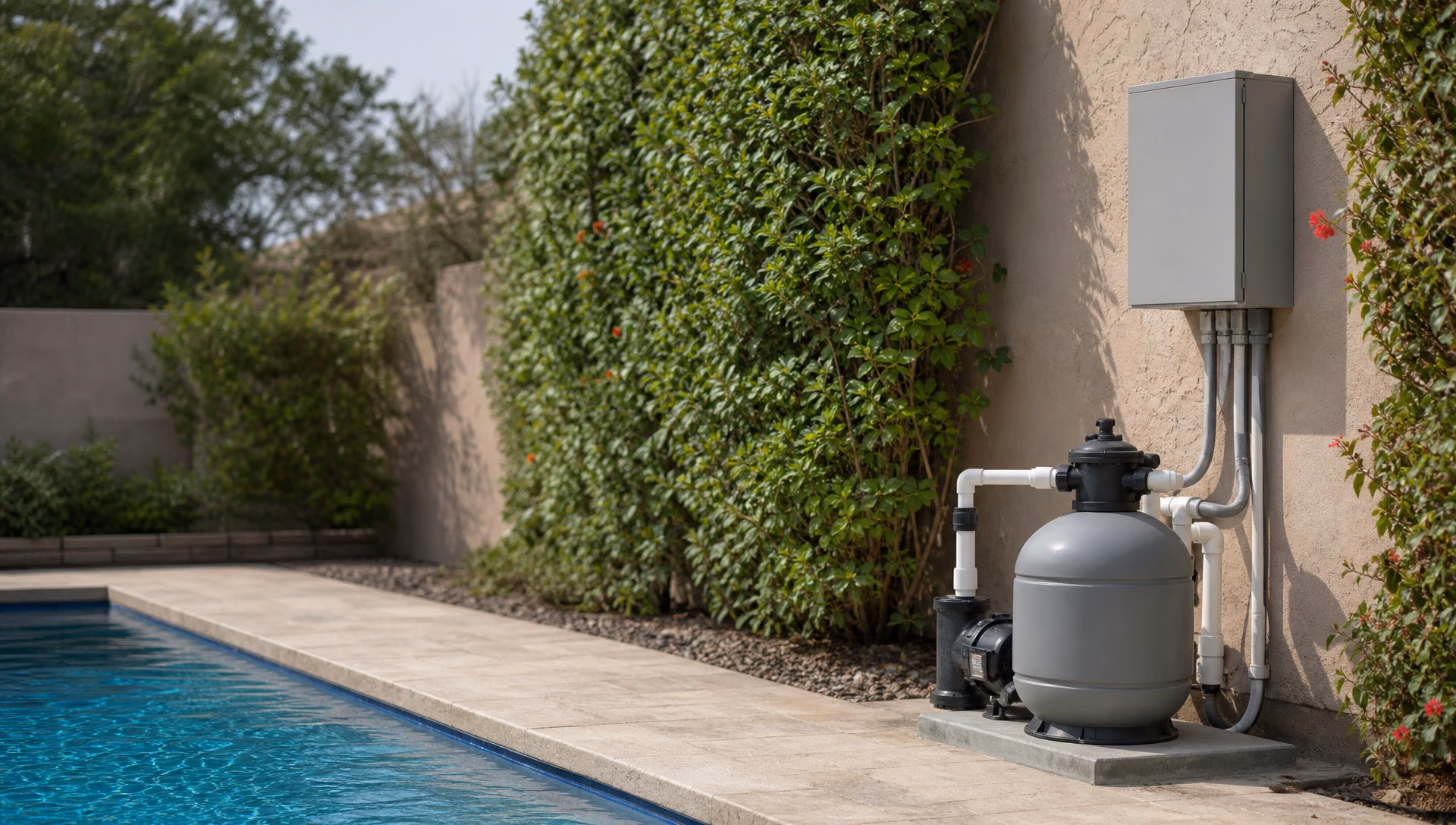 A new pool automation enclosure mounted on a garden wall