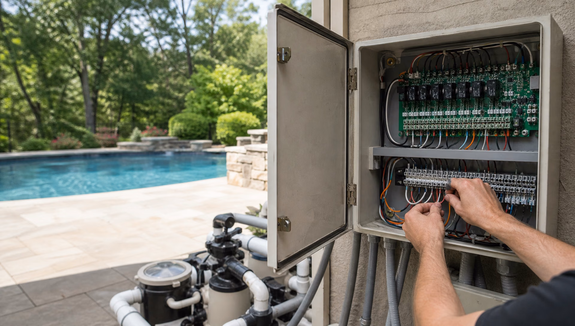 An opened pool automation enclosure and its relay board