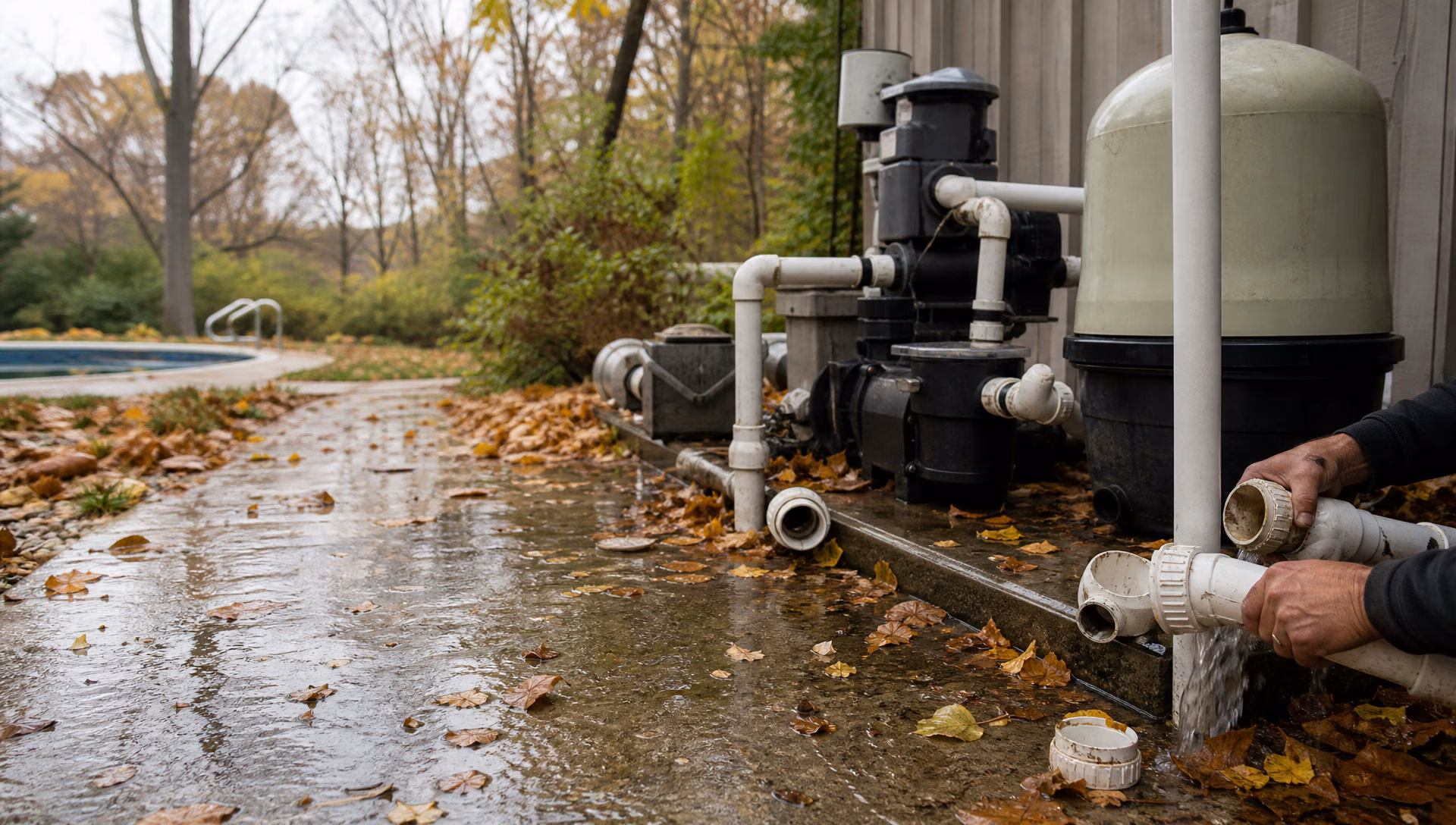 A pool equipment pad being winterised in autumn