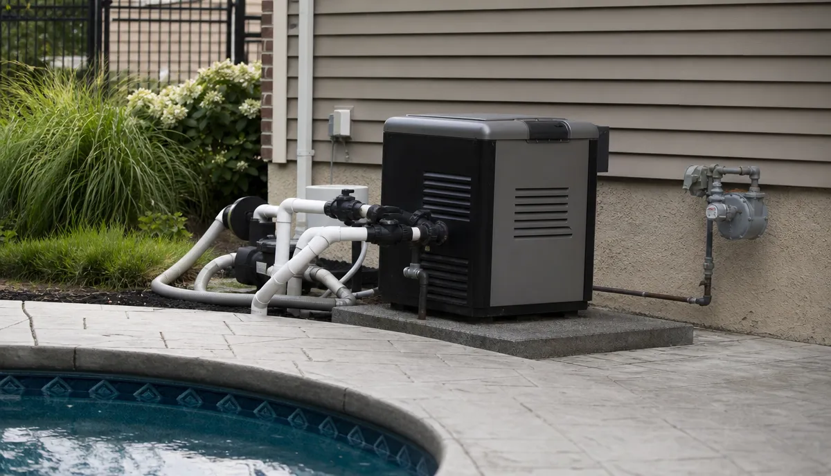 A pool heater, its plumbing, its supply and its meter