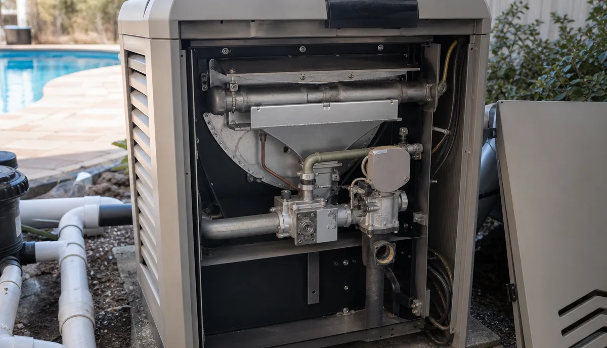 The gas valve train inside a pool heater