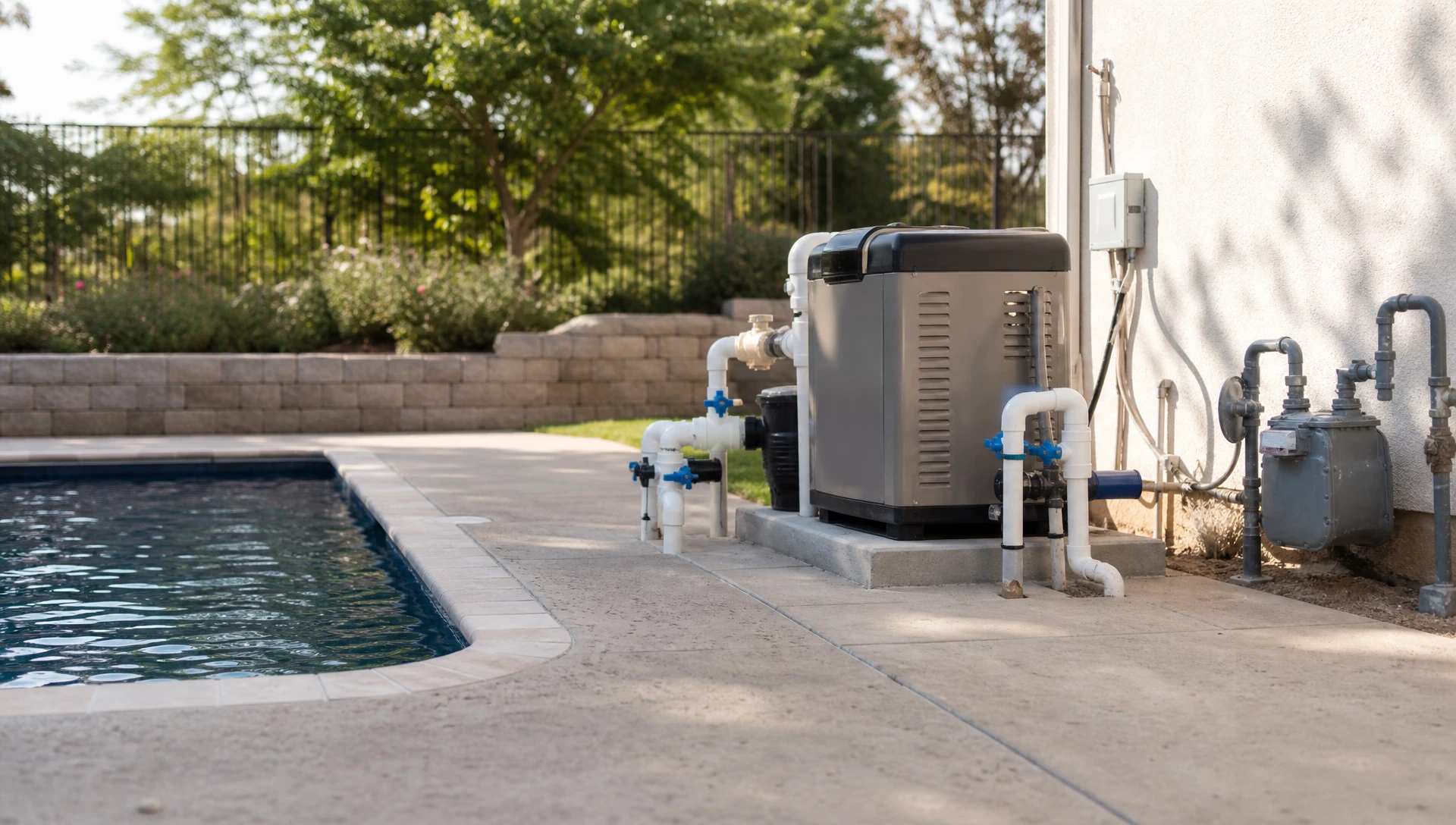 A pool heater on its pad with the water plumbing, the gas pipe and a utility meter all visible in one frame
