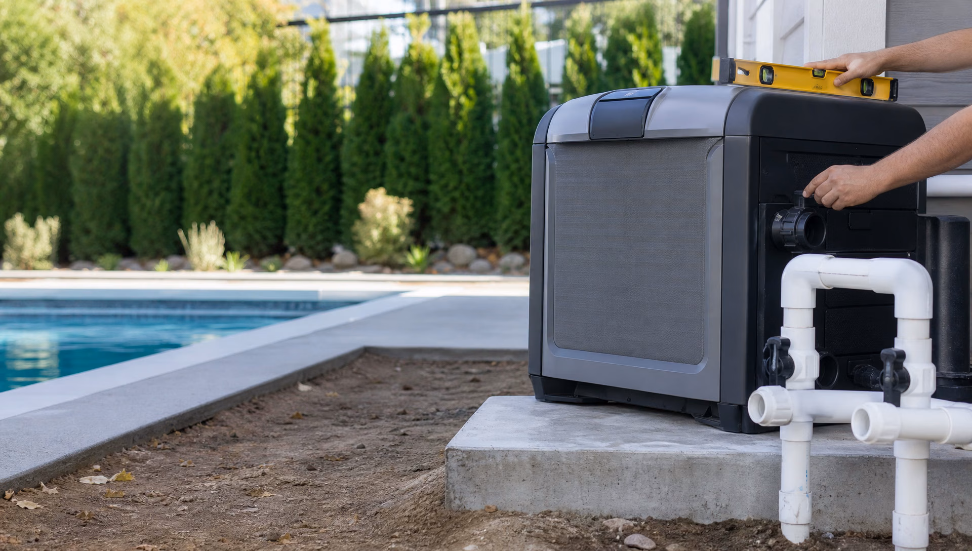 A new pool heater being set on a fresh pad