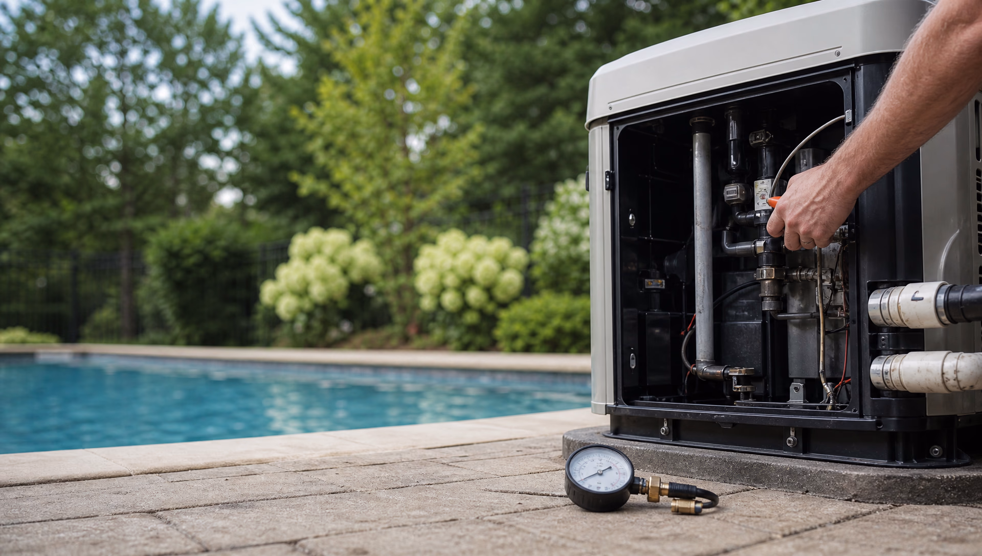 A pool heater with its side panel removed for diagnosis